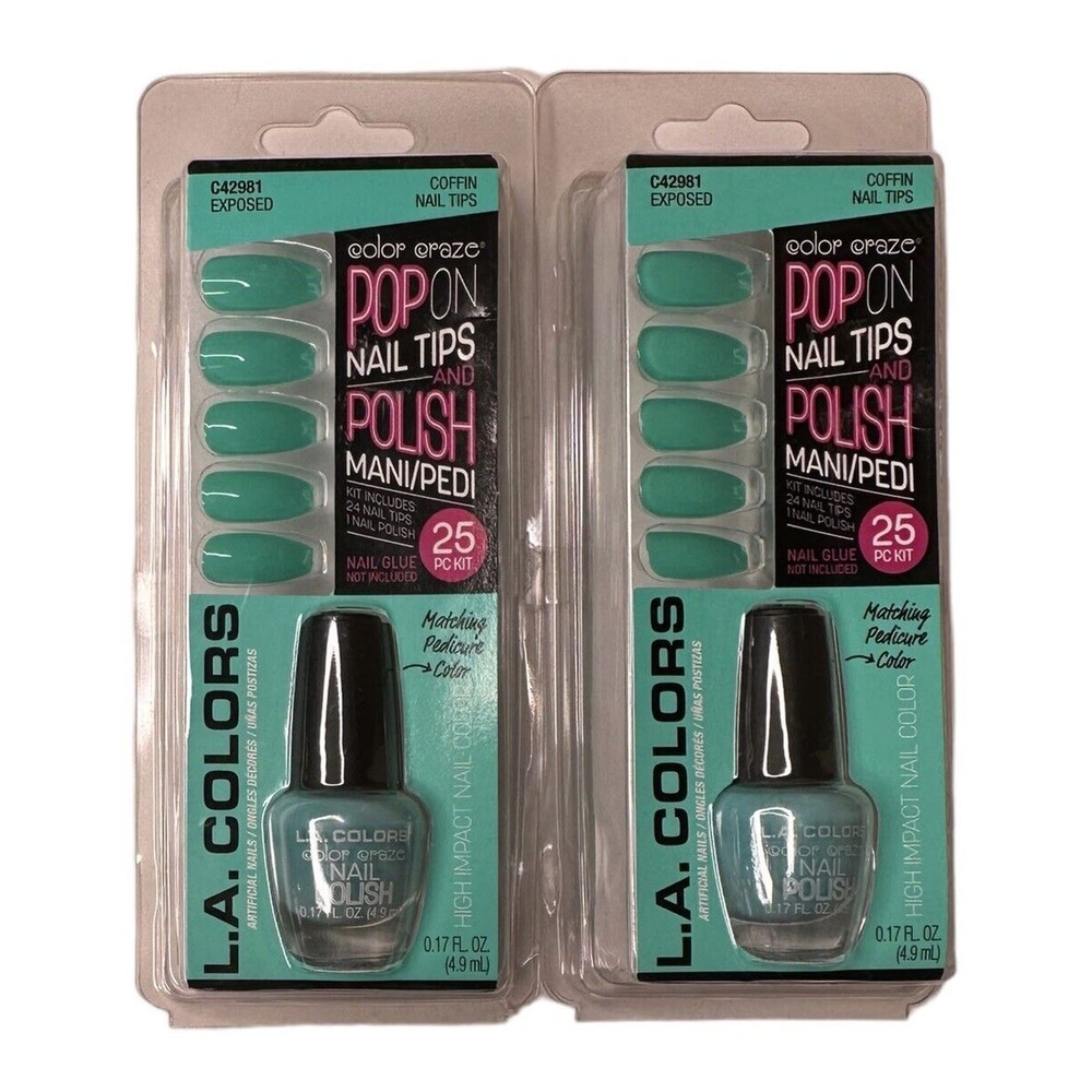 Lot of 2 LA Colors Turquose Exposed Craze POP ON Nail Tips and Polish Mani Pedi